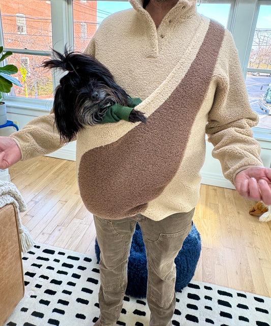 Fleece Pullover with Built-In Pet Pouch Carrier in Classic Tan