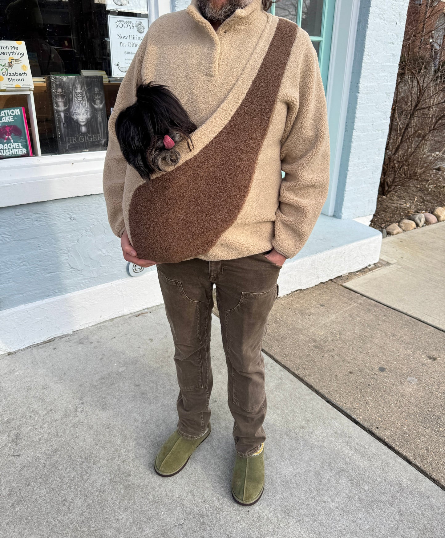 Fleece Pullover with Built-In Pet Pouch Carrier in Classic Tan