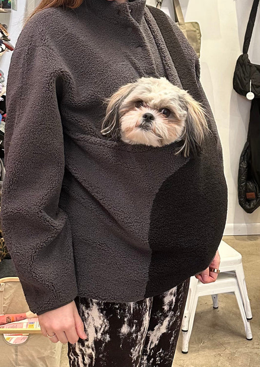 Fleece Pullover with Built-In Kangaroo Pouch Carrier in Black & Grey