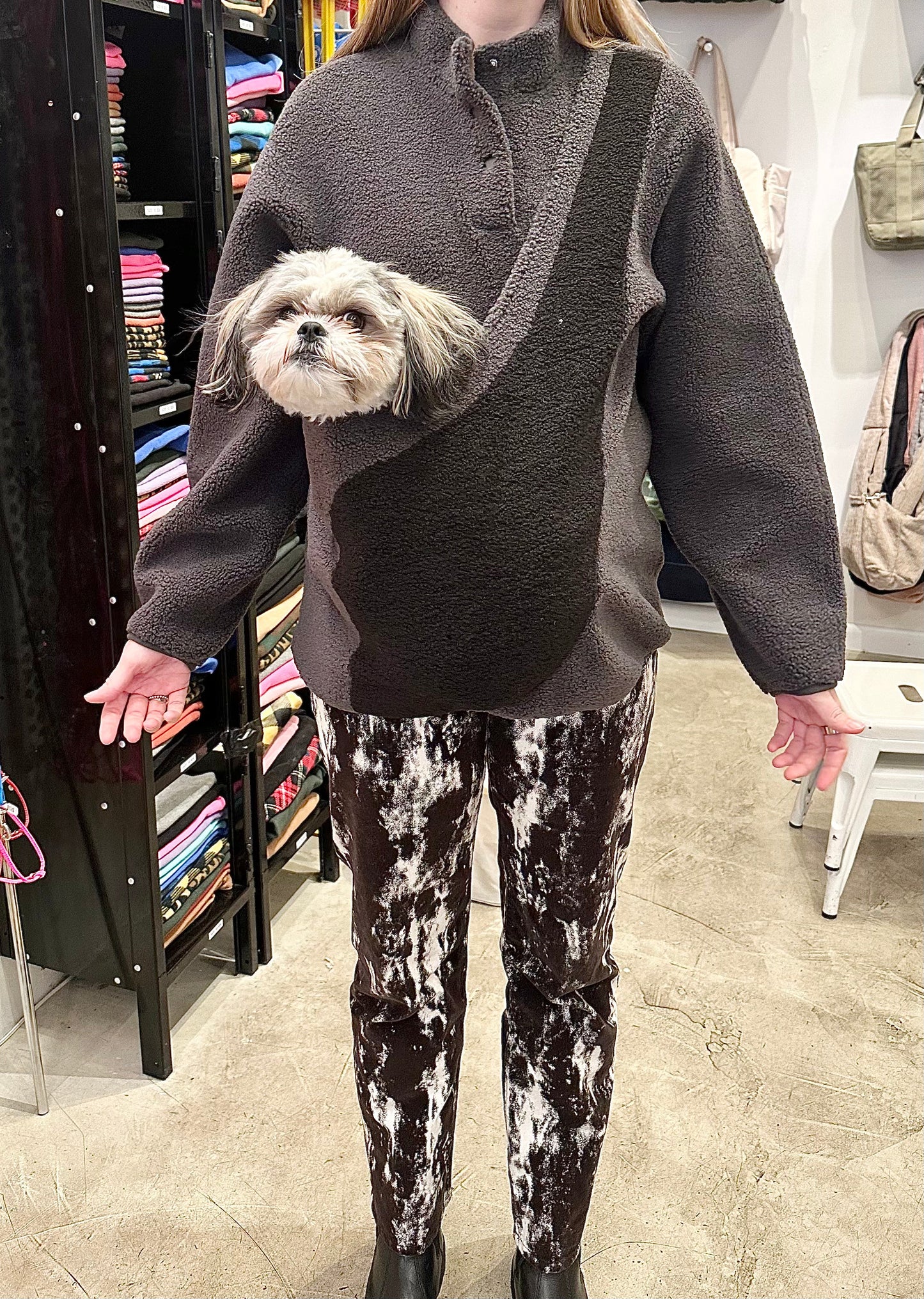 Fleece Pullover with Built-In Kangaroo Pouch Carrier in Black & Grey