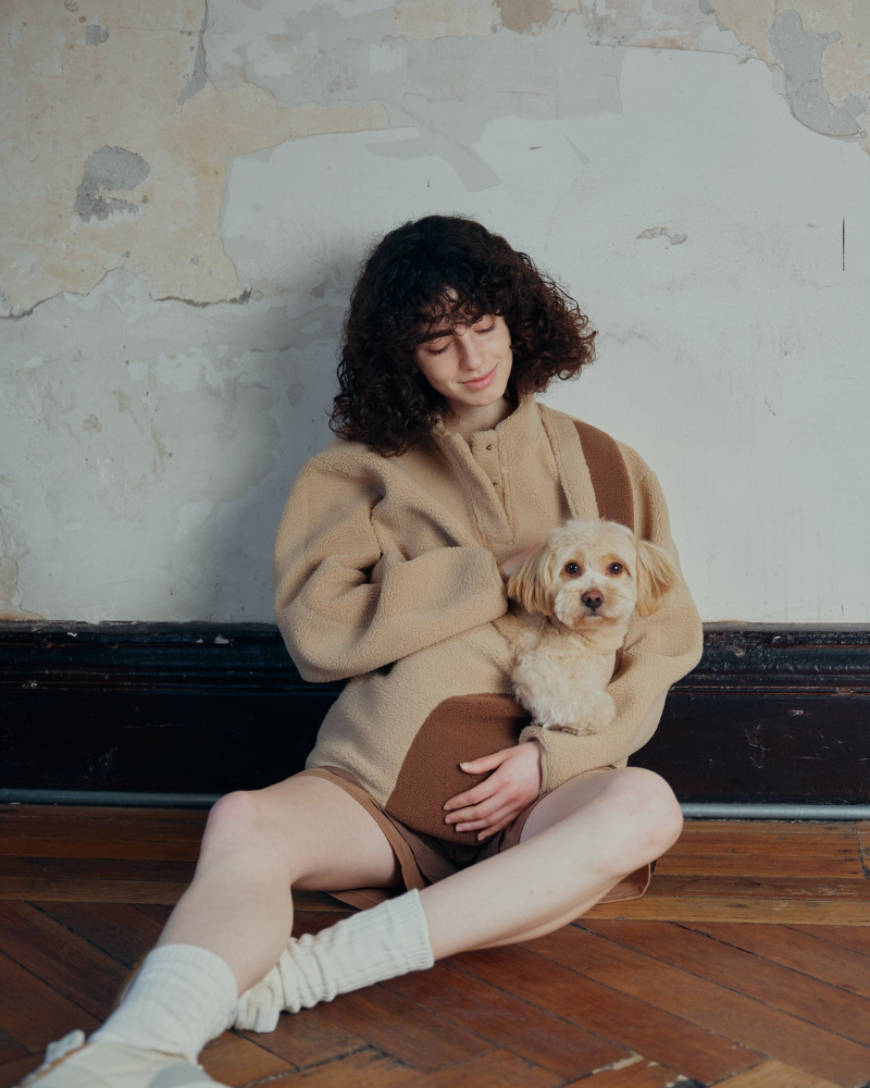 Fleece Pullover with Built-In Pet Pouch Carrier in Classic Tan