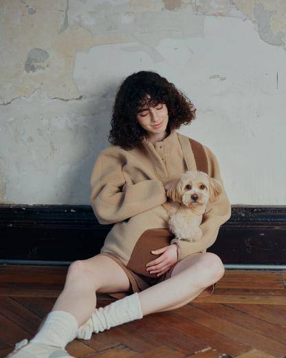 Fleece Pullover with Built-In Pet Pouch Carrier in Classic Tan