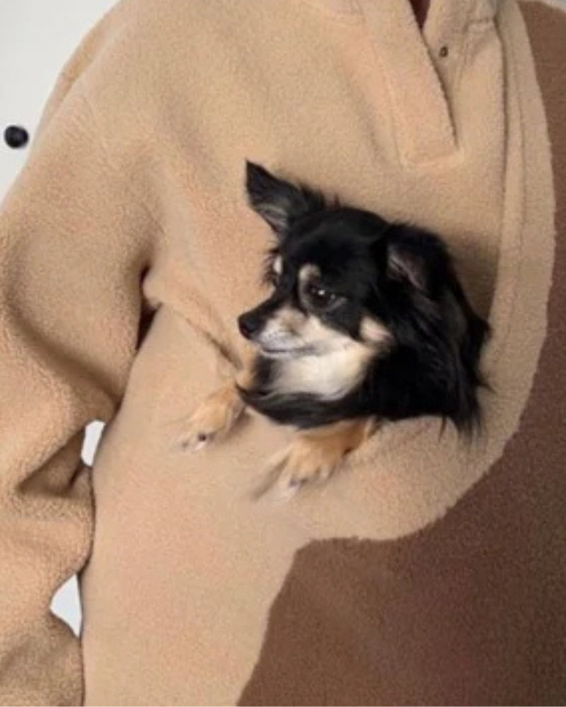 Fleece Pullover with Built-In Pet Pouch Carrier in Classic Tan