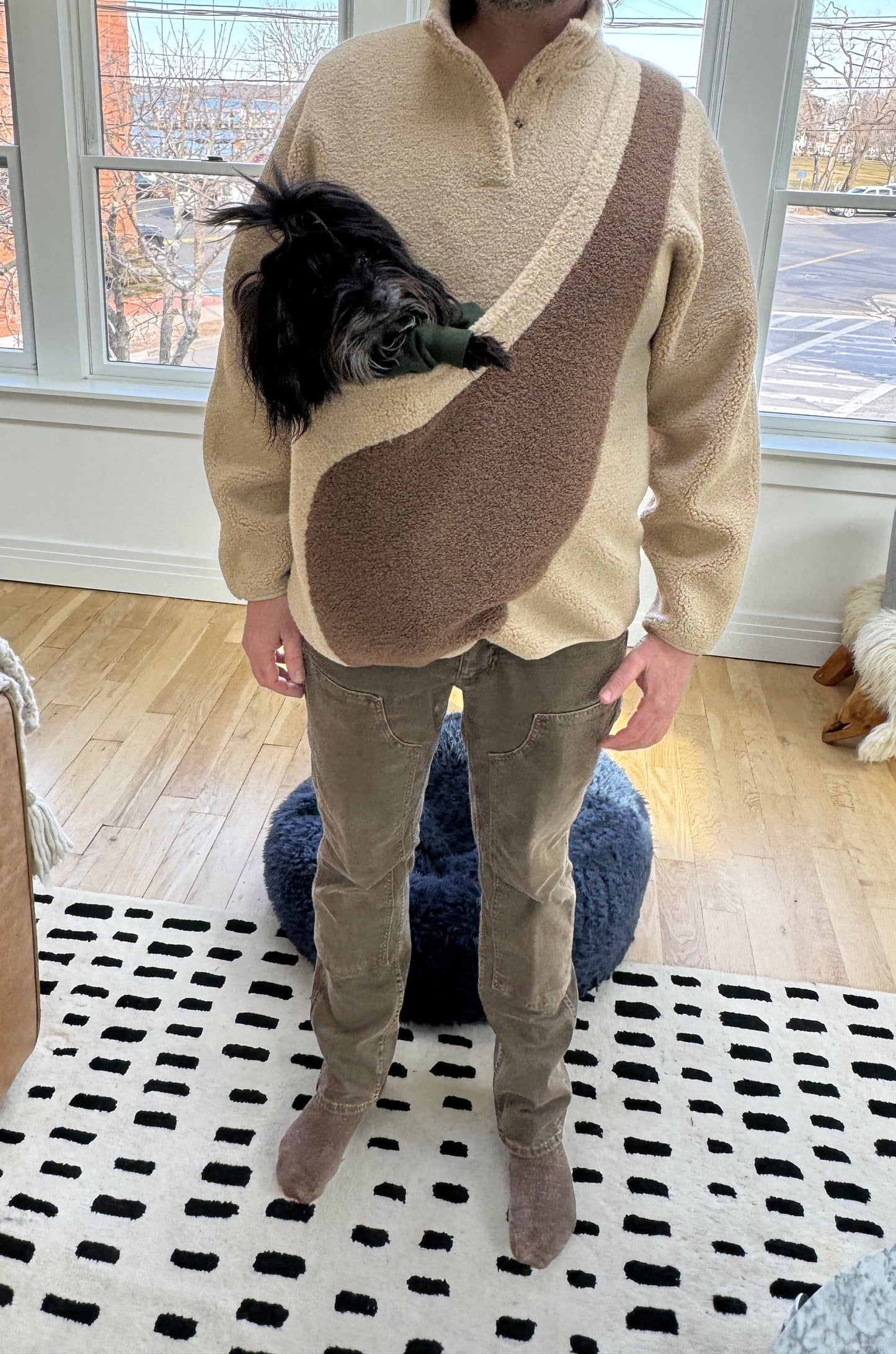 Fleece Pullover with Built-In Pet Pouch Carrier in Classic Tan