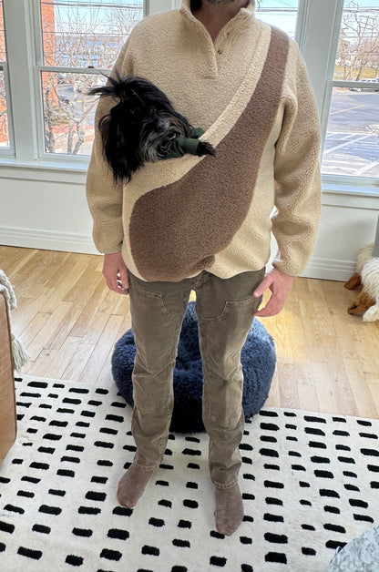 Fleece Pullover with Built-In Pet Pouch Carrier in Classic Tan