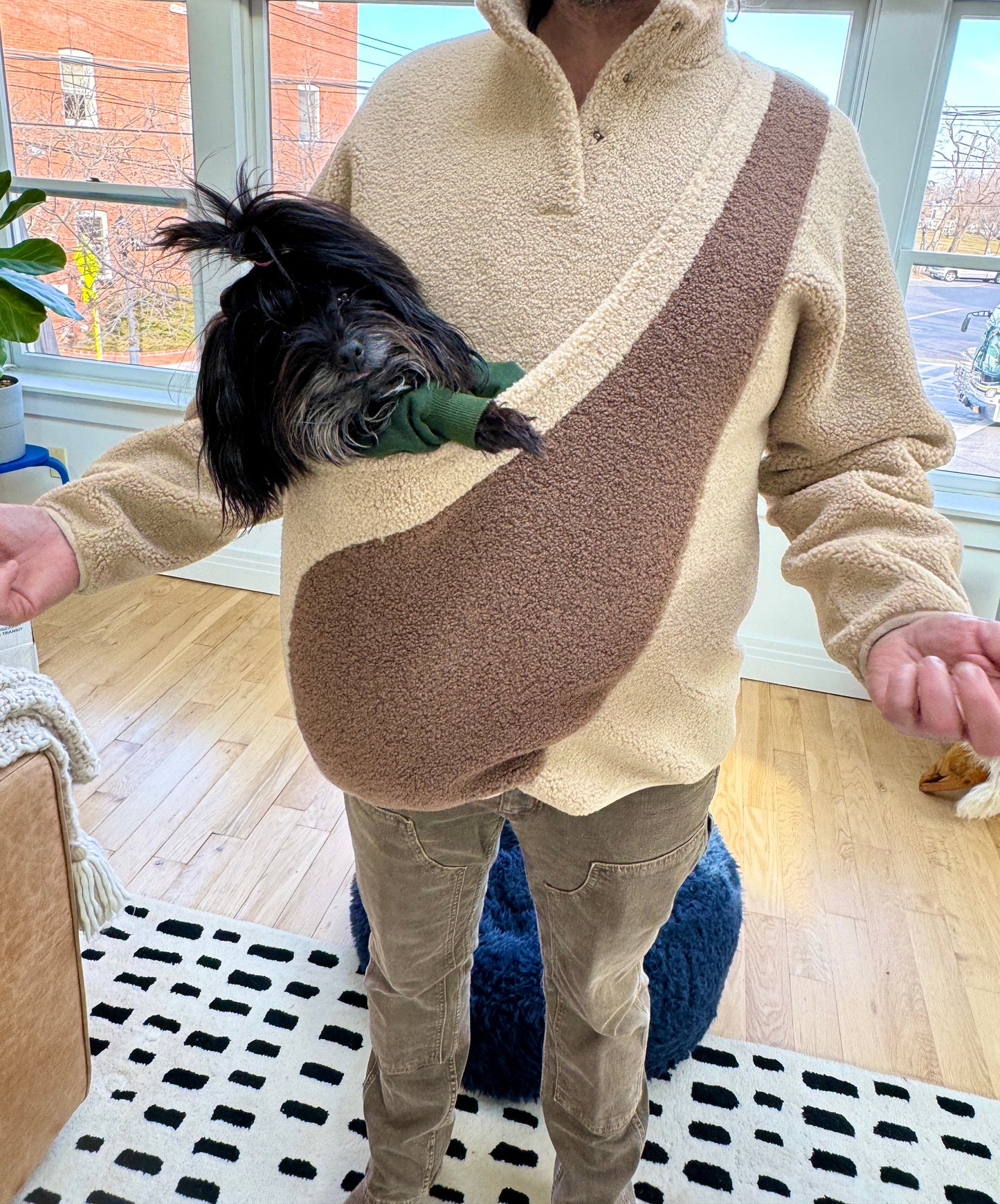 Fleece Pullover with Built-In Pet Pouch Carrier in Classic Tan