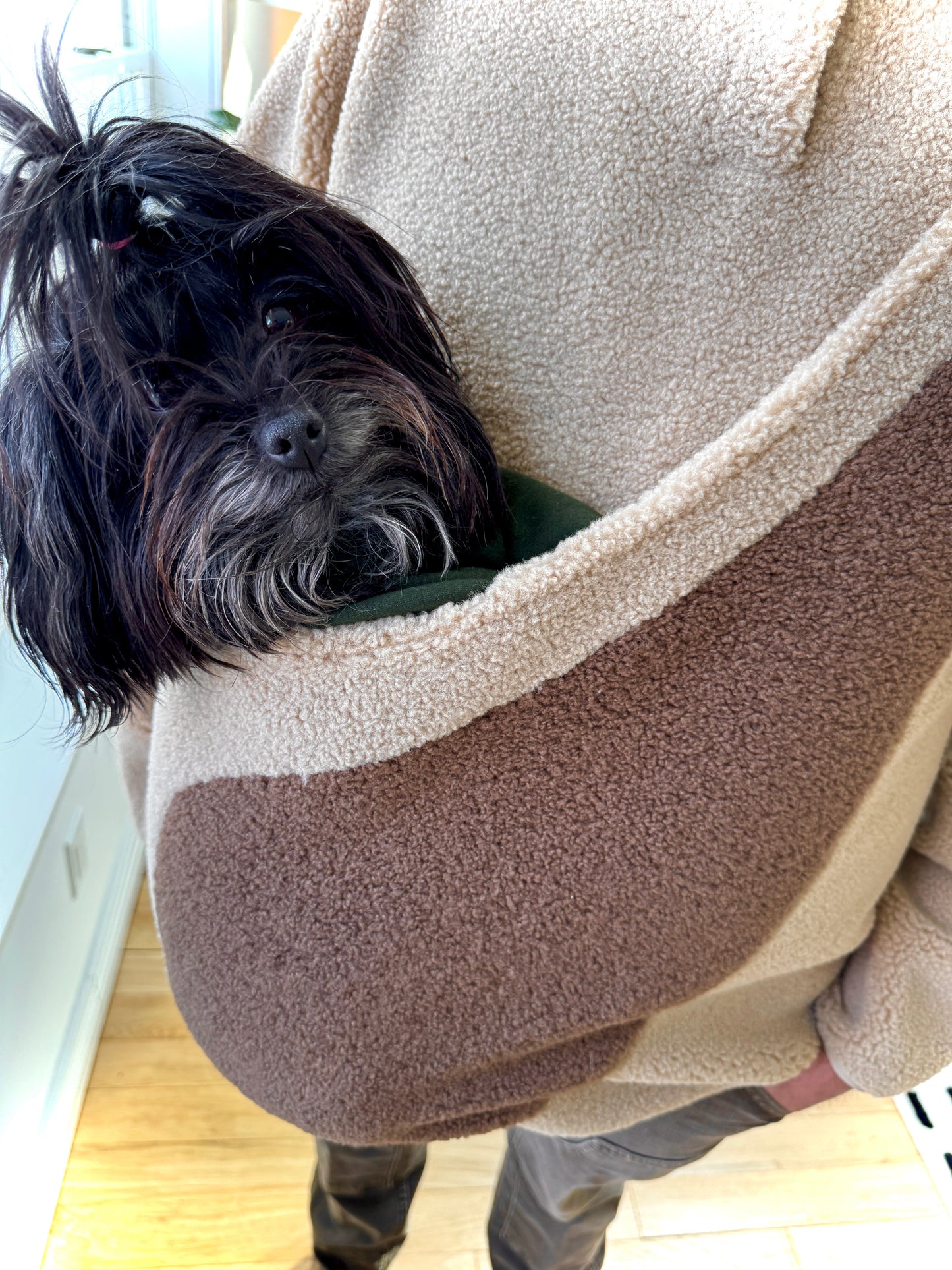 Fleece Pullover with Built-In Pet Pouch Carrier in Classic Tan