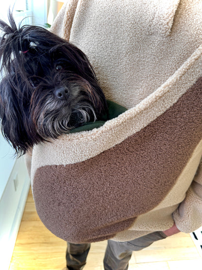 Fleece Pullover with Built-In Pet Pouch Carrier in Classic Tan