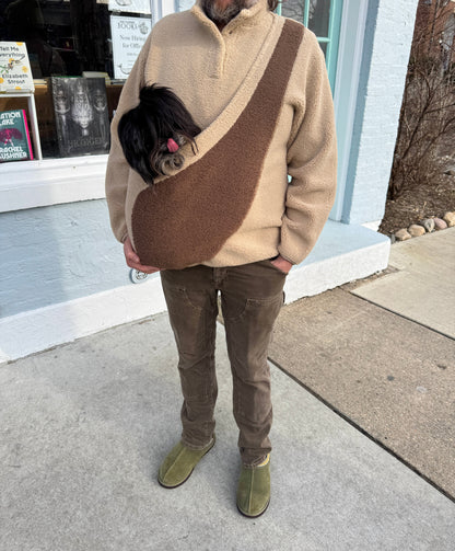 Fleece Pullover with Built-In Pet Pouch Carrier in Classic Tan