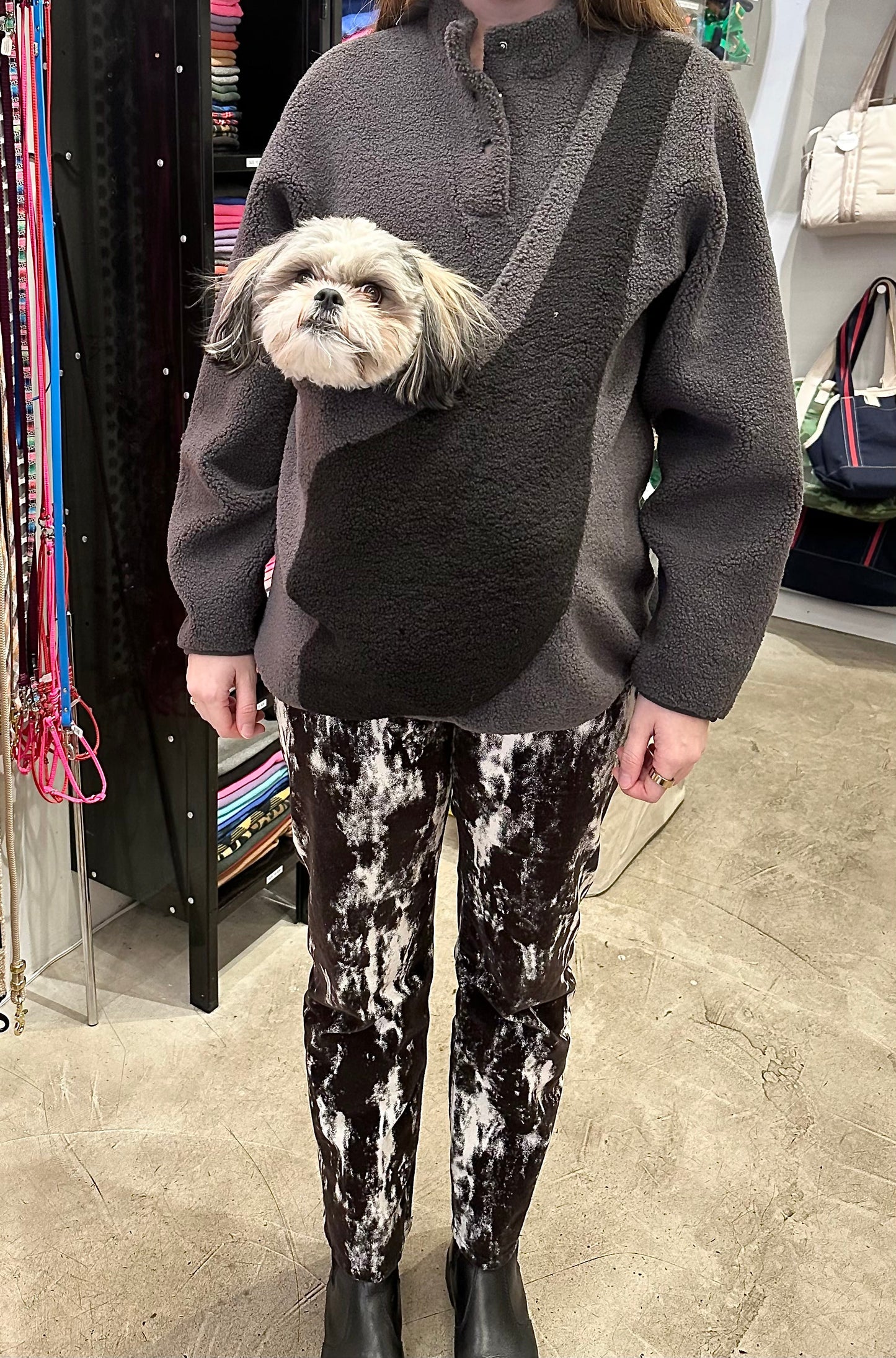 Fleece Pullover with Built-In Kangaroo Pouch Carrier in Black & Grey